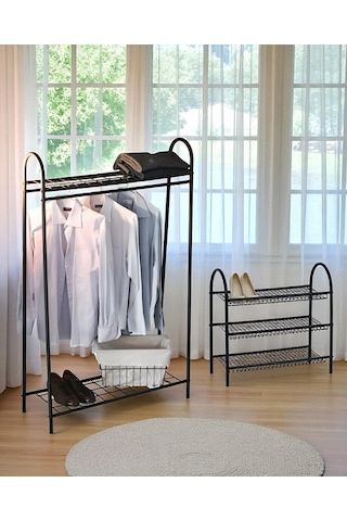 Metal Siyah Elbise Askılığı Ve Ayakkabılık 2 Li Set Siyah