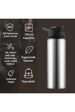 Perlotus 700 Ml Çelik Sporcu Matara Sıcak-soğuk Tutmaz Askı Kapaklı Suluk Gri