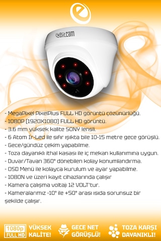 Elitcam 8 Kameralı Kare 2 İç Kamera Set 2 TB HDD Full HD Gece Görüşlü Güvenlik Kamerası Sistemi