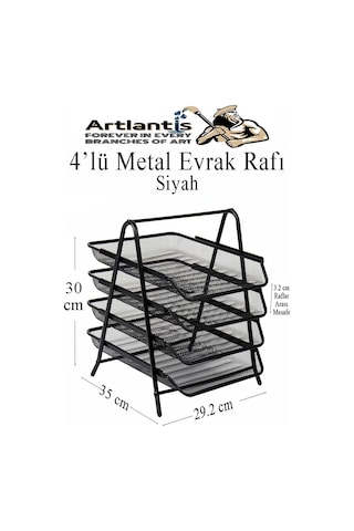 4 Lü Metal Evrak Rafı Siyah 1 Paket Masaüstü A4 Dosya Düzenleyici Kağıt Tepsisi Metal Çelik Fileli Dört Katlı Hareketli Siyah