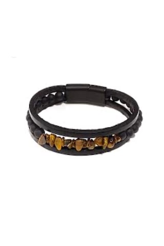 Kaplan Gözü,oniks Ve Hakiki Deri İle Türk El Yapımı Erkek Bilekli