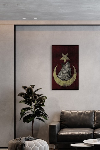 Doğal Taş Tablo Türk Bayrağı Ve Bozkurt - Duvar Dekoru, Salon Tanlosu 30x50cm