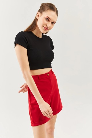 Kadın Kısa Kol Bisiklet Yaka Vücuda Oturan %100 Pamuklu Kaşkorse Esnek Crop Bluz Siyah