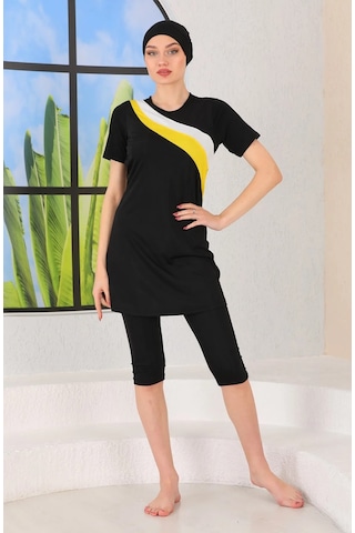 Gizil - Yarı Kapalı Likralı Sarı Beyaz Garnili Tesettür Mayo Sarı - Siyah