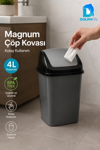 Magnum 4 Litre Sallanır Kapaklı Mini Çöp Kovası Banyo Mutfak Ofis Antrasit Siyah
