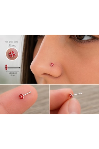925 Ayar Gümüş Burun Hızması Kırmızı Çiçek Desenli Minimal Nose Stud Kadın Erkek Unisex 8 Mm Gri