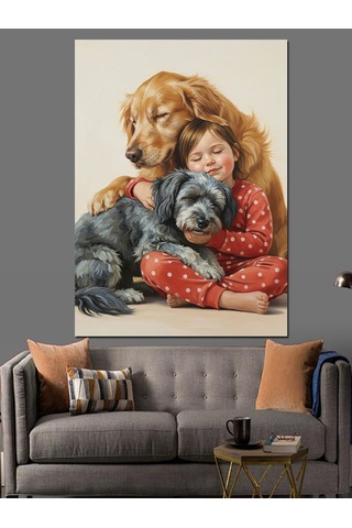 Köpekler Ve Çocuk Sevgisi Dekoratif Kanvas - Mdf Ahşap Tablo