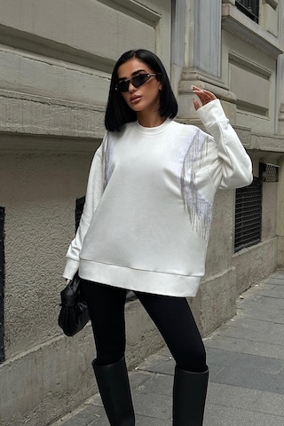 WeShaya Kadın Kırık Beyaz Oversize Dokuma Uzun Kollu Sweatshirt Kırık Beyaz