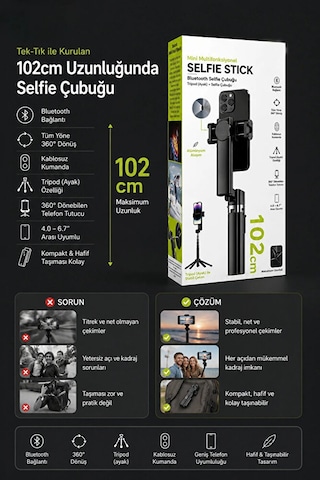 Bluetooth Kumandalı Gimbal Sabitleyici 102cm Selfie Çubuğu Ve Tripod Yatay Ve Dikey Eksenli Iş