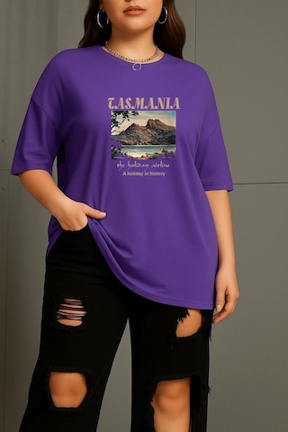 Büyük Beden Tasmania Baskılı Unisex Tişört Mor