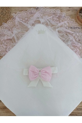 Bal Peteği My Princess Taç Nakış İnci Fiyonklu Dantel Duvaklı Delüks Kundak Bebek Battaniyesi Pembe