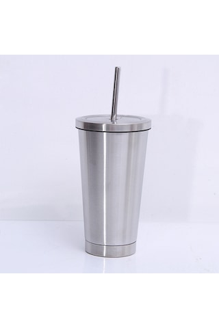 Samdoo 500ml 304 Çelik Termos Bardak, İçecek Su Için, Portatif, Pipetli Kapağıyla, Gümüş Renkli, Ofis Hediyesi