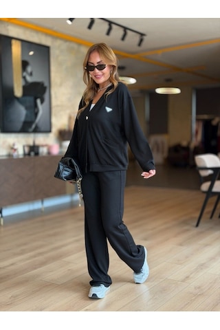 Veraura Lifestyle Kadın Modal Kumaş Arma Detay Hırka Pantolon Ikili Takım Siyah