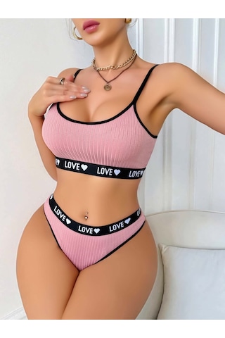 Mr Owl Kadın Pembe Love Yazılı Askılı Sütyen Külot Takımı