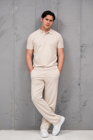 Mass Plus Regular Fit Likralı Kendinden Çizgili Yarım Baggy Pantolonlu T-shirt Takım Krem