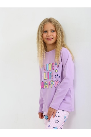 Kız Çocuk Uzun Kollu %100 Pamuklu Pijama Takımı Happy Life Lila