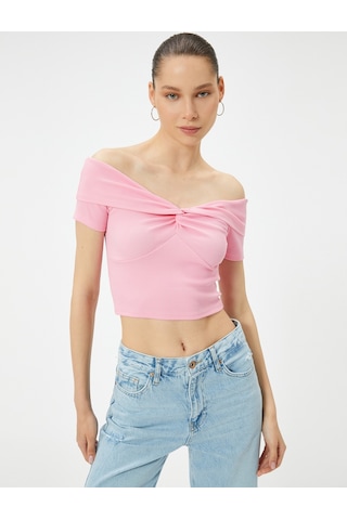 Koton Crop Madonna Yaka Tişört Fitilli Kısa Kollu Düğüm Detaylı Pamuklu Pembe 4sal11060ık Gül Rengi