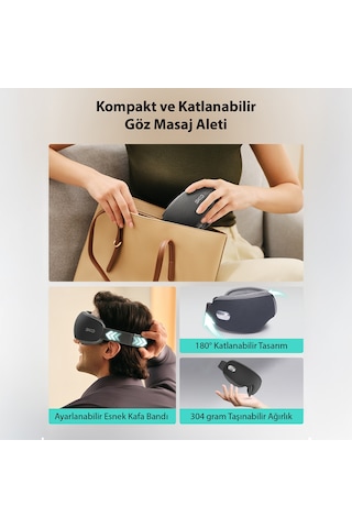 SKG ES500 Göz Masaj Aleti Isı Terapili Bluetooth Müzikli, Sessiz,taşınabilir,1500 Mah,gri Mat Koyu Gri