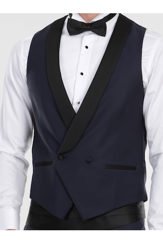 Kip Saks Fitted Fit Şal Yaka Klasik Yelek Saks