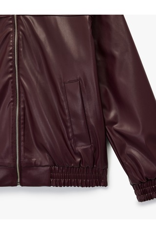 Koton Klasik Yaka Cepli Fermuarlı Suni Deri Oversize Bomber Ceket Bordo 6wal20150ıw Bordo