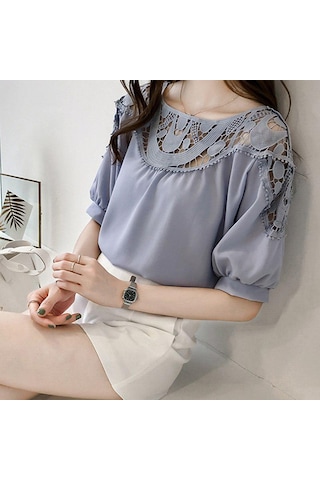 Moda Kısa Kollu Kadın Bluz Gömlek Şifon Kadın Giyim Artı Boyutu Kadın Üstleri Ofis Gömlek Mavi