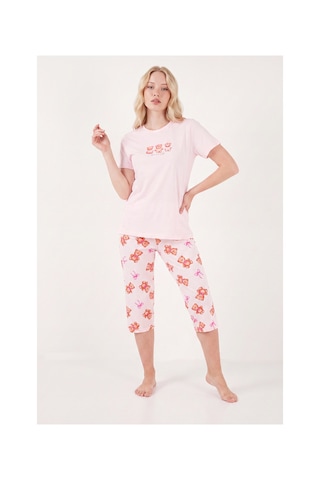 Lela Desenli Pamuklu Bisiklet Yaka Kaprili Pijama Takımı Bayan Pijama Takımı 65790787 Pembe