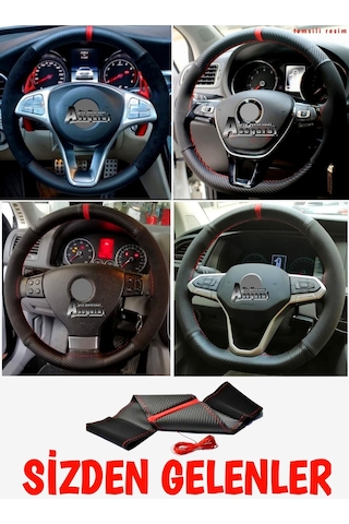 Chevrolet Cruze Uyumlu Dikmeli Direksiyon Kılıfı Alkantara-karbon Sarı Yüzüklü