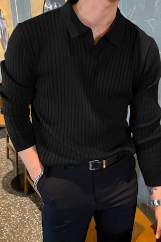 Cool Tarz Erkek Polo Yaka Triko Kazak Slim Fit Fitilli Siyah