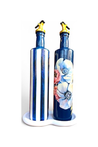 750 Ml Büyük Boy El Yapımı Cam Yağdanlık Sirkelik 2'li Set Çiçek Desenli Ve Çizgili Dekoratif Zeyt Mavi Ve Beyaz