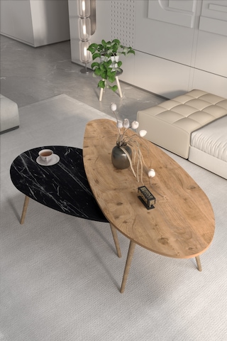 Orta Sehpa Seti Modern 2 Li Ahşap Ayaklı Salon Oturma Odası Dekoratif Sehpa Takımı 8888 Ceviz Efes Siyah
