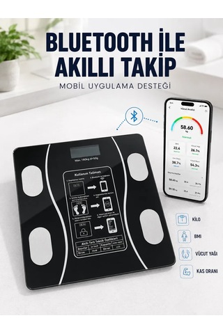 Akıllı Cam Baskül Bluetooth Mobil Uygulamalı Vücut İz Tartısı 180 Kg Lcd Ekran