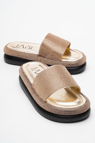 Luvishoes Luvi Shoes Oeste Altın Taşlı Tek Bantlı Kalın Tabanlı Kadın Terlik Altın