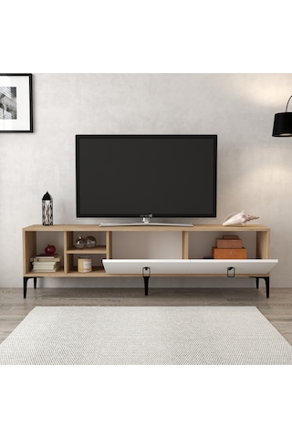 3804 Era Tv Ünitesi 180 Cm 2 Kapaklı Raflı Sepet - Beyaz Tv Sehpası Beyaz - Sepet Çok Renkli