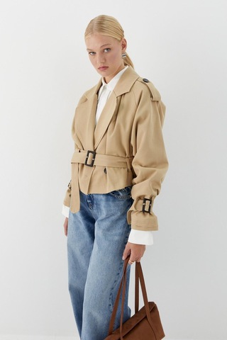 Kemerli Kısa Trenç Bej Bej