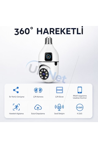 Uninet Çift Kameralı Ampule Takılabilen Tip Wifi Güvenlik Kamerası Full Hd, 355 Derece Dönebilen, Gece Görüşlü Ptz Kamera