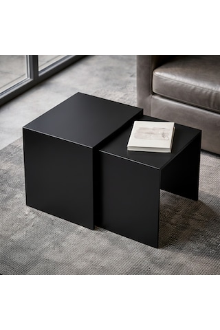 Modern Metal Zigon Sehpa Seti Minimal Tasarım İç İçe Geçen Yan Sehpa 2 Li Set Siyah