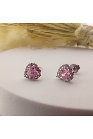 925 Ayar Gümüş Pembe Taşlı Kalp Küpe Gümüş