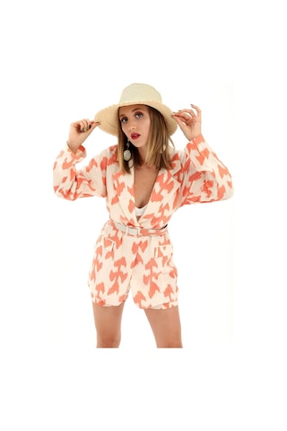 Kemerli Desenli Oversize Blazer Ceket - Turuncu-turuncu Turuncu