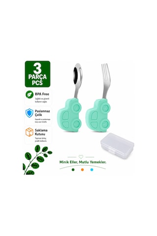 Açık Yeşil Premium Çocuk Bpa Free Silikon Saplı Paslanmaz Çelik Uçlu Çatal-kaşık, 9+ Ay