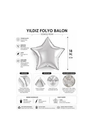 Gümüş Yıldız Folyo Balon 18 İnç 45 Cm Doğum Günü Parti Süsü Dekorasyon Balonu Çok Renkli