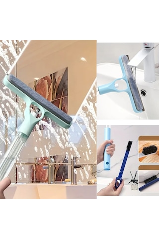 Mucit Home 4 Ü 1 Arada Çift Taraflı Çok Amaçlı Cam Temizleme Kazıyıcı Ve Silme Fırçası Sprey Şişeli Mavi