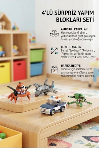 Sürpriz Yumurta 4'lü Set Dinozor Ve Araç Figürlü Yapı Blokları Eğitici Öğretici Parçalı Oyuncak