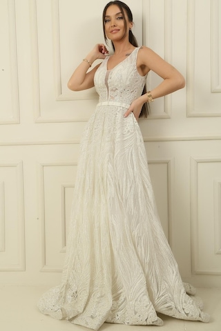 By Saygı Simli Hayalet Tül Prenses Abiye-36096-ekru