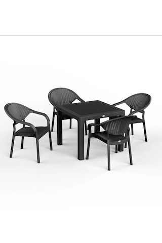 90 X 90 Bambu Plastik Rattan Camsız Bahçe Balkon Teras Kare Masa Takımı 4 Kolçaklı Sandalyeli Siyah