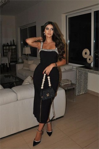 Kadın Likralı İnci Elişi Detaylı Tasarım Elbise Dpnbemp2582 Siyah