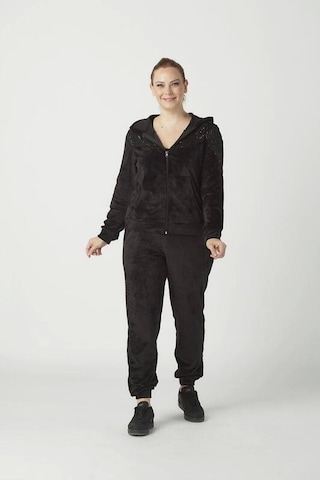 1927 Siyah Tam Kalıp Tarz Kapüşonlu Kadife Büyük Beden Eşofman Takımı Siyah