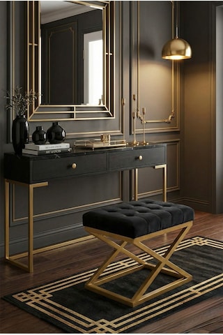 Nexus Babyface Kapitoneli Puf - Gold Metal X Ayaklı Modern Bench 50x40 Cm Siyah