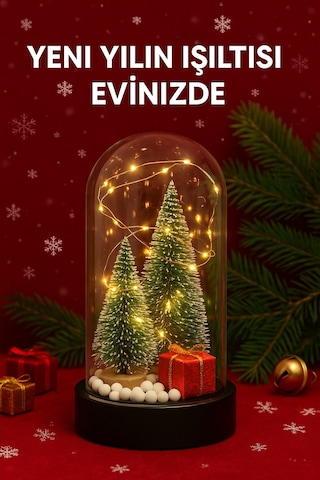 2026 Yeni Yıl Hediye Led Işıklı Fanus İçinde 2 Çam Ağacı Ve Hediye Temalı Noel Yılbaşı Gece Lambası 20