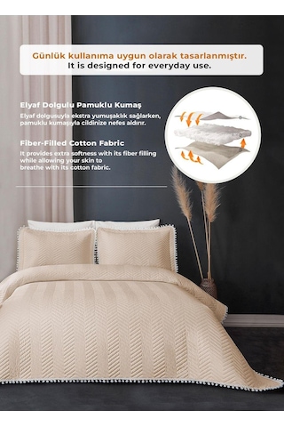 Evlen Home Ollie %100 Pamuk Yatak Örtüsü Pike Takımı Çift Kişilik Ponponlu Kapitone Günlük Bej