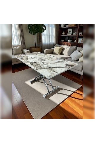 Ortadan Açılır Akıllı Masa Üst Mdf Beyaz Mermer Alt Ayak Krom